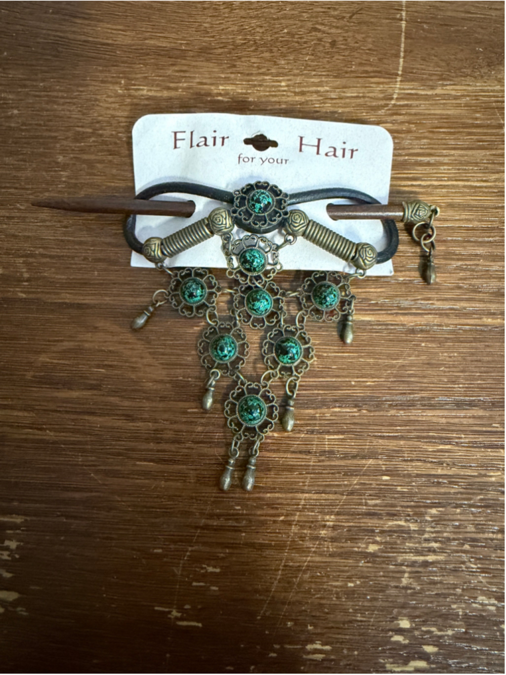 Vintage Flair For Your Hair Green Cabochon Hair Stick Antique Brass Tone Dangle